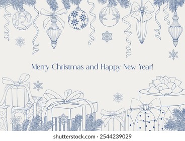 Merry Christmas Happy New Year Vintage illustration with gifts boxes bows balls toys ribbon fir branches Blue beige Hand drawn linear elements Vector background for design holiday decor, greeting card