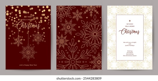 Merry Christmas and Happy New Year Set of greeting card, poster, cover. Winter illustration with gold snowflakes in blue color. Corporate Holiday cards, invitations