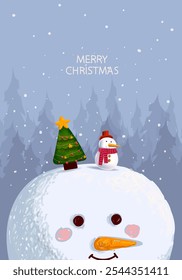 Merry Christmas and happy new year gretting card design vector illustration. Cristmas tree, snowman character icon sign and symbol.