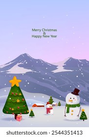 Merry Christmas and happy new year gretting card design vector illustration. Cristmas tree, snowman character icon sign and symbol.