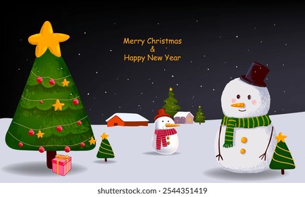 Merry Christmas and happy new year gretting card design vector illustration. Cristmas tree, snowman character icon sign and symbol.