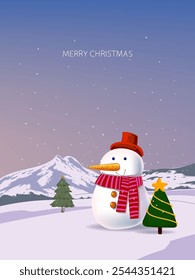 Merry Christmas and happy new year gretting card design vector illustration. Cristmas tree, snowman character icon sign and symbol.