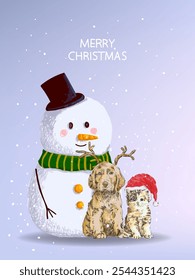 Merry Christmas and happy new year gretting card design vector illustration. Cristmas tree, snowman character icon sign and symbol.