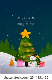 Merry Christmas and happy new year gretting card design vector illustration. Cristmas tree, snowman character icon sign and symbol.