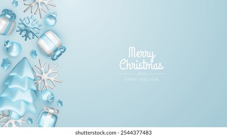 Merry Christmas and happy new year background. Christmas tree, Gift boxes, Christmas balls. Christmas element for web, banners, greeting card, template design.