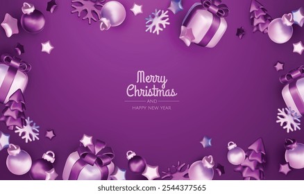 Merry Christmas and happy new year background. Christmas tree, Gift boxes, Christmas balls. Christmas element for web, banners, greeting card, template design.