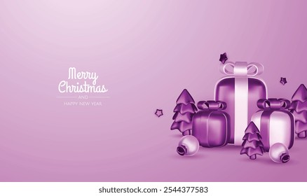 Merry Christmas and happy new year background. Christmas tree, Gift boxes, Christmas balls. Christmas element for web, banners, greeting card, template design.