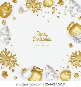 Merry Christmas and happy new year background. Christmas tree, Gift boxes, Christmas balls. Christmas element for web, banners, greeting card, template design.