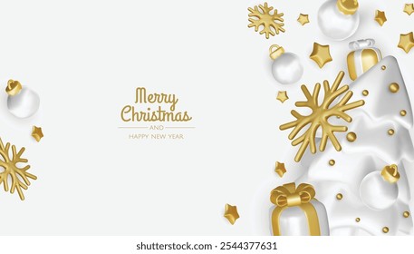 Merry Christmas and happy new year background. Christmas tree, Gift boxes, Christmas balls. Christmas element for web, banners, greeting card, template design.