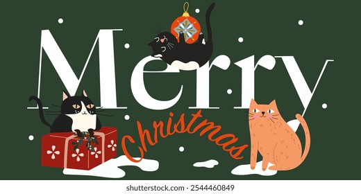 Merry Christmas and Happy New Year retro background with inscription. Winter greetings card with cute funny cartoon cats. Cats play with Christmas toys, sitting in present box and sitting on a sled