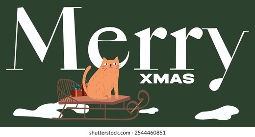 Merry Christmas and Happy New Year retro background with inscription. Winter greetings card with cute funny cartoon cats. Cats play with Christmas toys, sitting in present box and sitting on a sled