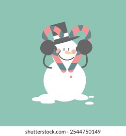 merry christmas and happy new year with cute snowman and candy cane, flat vector illustration cartoon character costume design