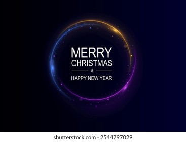 Merry Christmas and Happy new year background. Christmas lights. Realistic neon glowing round frame. Holiday banner with discount. Light neon round frame. Neon line light curve effect.