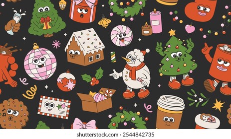 Merry Christmas and Happy New Year seamless pattern. Pin tree, wreath, garland, gifts, balls, Santa Claus, confetti of trendy retro mascot style. Happy groovy cartoon elements