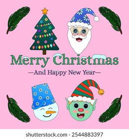 Merry Christmas and Happy New Year illustration featuring Santa, elf, snowman, and Christmas tree. Perfect for holiday decor and designs.