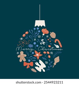 Merry Christmas, Happy New Year greeting card, poster, background, holiday cover. Modern flat winter abstract design with holly, dove, ginger bread. Corporate minimalist vector toy.