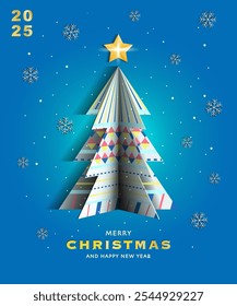 Merry Christmas and Happy New Year greeting card template set with paper cut-out Christmas trees on blue background. Modern Trendy Christmas Card. Perfect for banner and festive decoration.