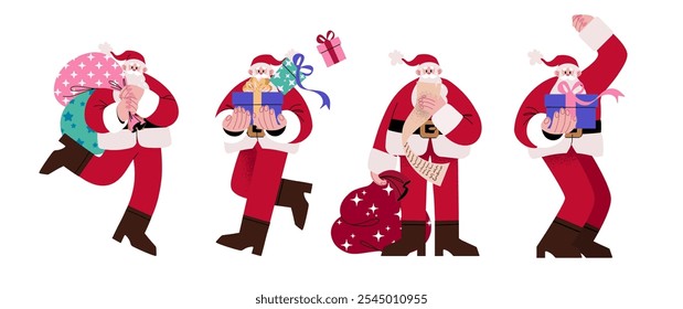 Feliz Navidades y feliz año nuevo Linda colección de Santa Claus. Santa está llevando una bolsa de regalos y leyendo la lista. Conjunto de personajes de dibujos animados de Festiva. Vector aislado en blanco BG