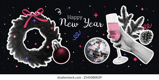 Merry Christmas, Happy New Year set Halftone effect. Trendy collage. 90s Dots. Vintage style. Hands with a glass of champagne, spruce wreath and cone, disco ball. Horizontal banner Vector illustration