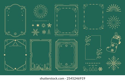 Merry Christmas and Happy New Year greeting card frame design vector element set. Christmas Tree,  branches, balls, snowflake pattern. Luxury element for  invitation, banner, poster, cover  and print.