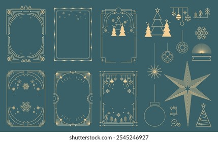 Frohe Weihnachten und Frohes neues Jahr Grußkartenrahmen Design Vektorelement-Set. Weihnachtsbaum, Äste, Bälle, Schneeflocken-Muster. Luxuselement für Einladung, Banner, Poster, Cover und Print.