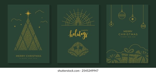 Merry Christmas and Happy New Year greeting card vector set. Luxury invitation with Christmas tree, bauble, holly, gift, spot texture on green background. Design illustration for season's card, ads.