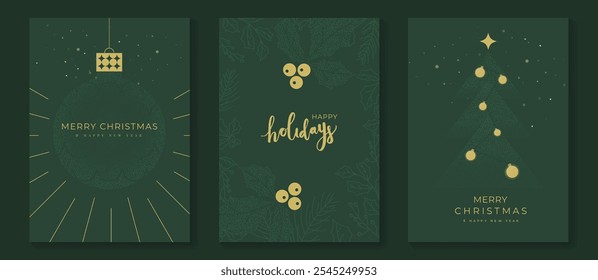 Conjunto de Vector de tarjeta de felicitación de feliz Navidad y feliz año Nuevo. Invitación de lujo con árbol de Navidad, chuchería, hojas de acebo, textura puntual sobre fondo verde. Ilustración de diseño para la tarjeta de la temporada, anuncios.