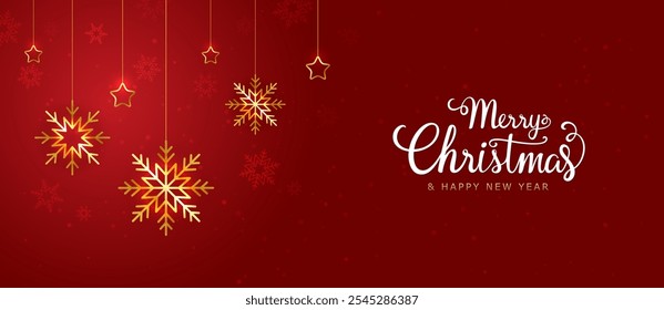 Feliz Natal e feliz ano novo fundo. Flocos de neve dourados de luxo e estrelas penduradas. Elemento de Natal para web, banners, cartão de saudação, folheto, capa, design de modelo. Vetor EPS10.