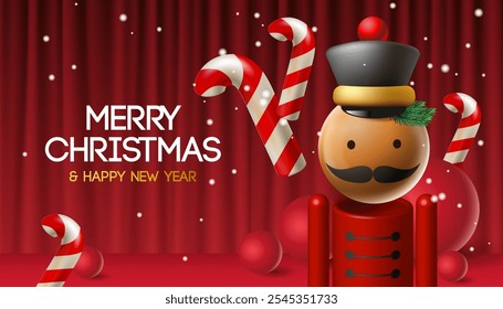 Merry Christmas and Happy New year banner with Nutcracker, Xmas candy,  red balls, theater curtains background.  Holiday greeting card, New year invitation, banner, vector illustration