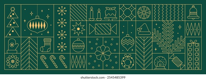 Feliz Navidades y feliz año Nuevo fondo geométrico en estilo de línea. Patrón moderno con Navidades minimalistas iconos de línea de oro. Diseño de moda de lujo de Navidad para el Anuncio, tarjeta, cubierta, cartel.