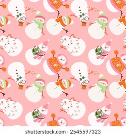 Merry Christmas and happy new year pattern with cute snowman in winter costume. Holiday cartoon and character in scarf and hat flat style on pink background. Print, wrapping paper, wallpaper, card