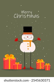 Merry Christmas and happy new year greeting card with sowman cute cartoon character for holiday vector illustration background. Design for cards, poster, cover and decoration.