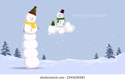 Merry Christmas and happy new year greeting card with sowman cute cartoon character for holiday vector illustration background. Design for cards, poster, cover and decoration.