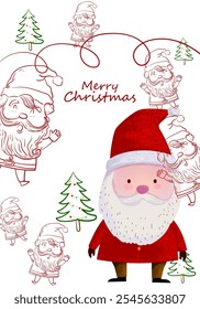 Tarjeta de felicitación de feliz Navidad y feliz año nuevo con Santa Claus lindo personaje de dibujos animados para fondo de Ilustración vectorial de vacaciones. Diseño para tarjetas, póster, portada y decoración.