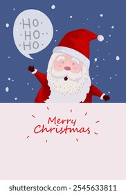 Tarjeta de felicitación de feliz Navidad y feliz año nuevo con Santa Claus lindo personaje de dibujos animados para fondo de Ilustración vectorial de vacaciones. Diseño para tarjetas, póster, portada y decoración.