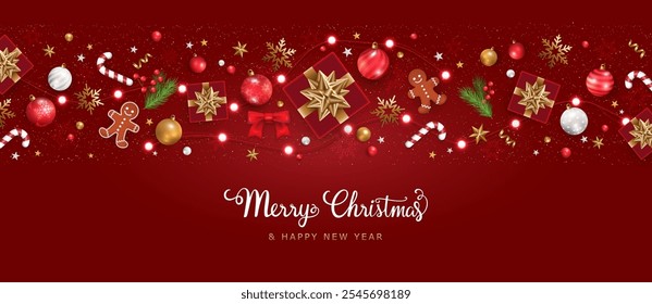 Merry Christmas and happy new year background. Christmas letters, Gift boxes, Christmas balls. Christmas element for web, banners, greeting card, template design. Vector EPS10.