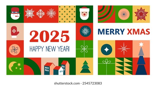 Merry Christmas and Happy New Year modern abstract minimalist geometric style. Christmas colorful illustration in flat cartoon style. Xmas background with vector patterns.
