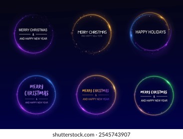 Merry Christmas and Happy new year background. Christmas lights. Realistic neon glowing round frame. Holiday banner with discount. Light neon round frame. Neon line light curve effect.