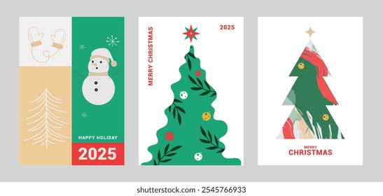 Merry Christmas and Happy New Year greeting card set with Christmas tree, snowman and snowflakes design.