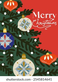 Merry Christmas and Happy New Year retro greeting card. Vintage Xmas design with typography and a Christmas tree with a garland and tree toy on a red background