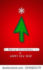 Merry Christmas and Happy New Year creative card with cursor arrow as a green Xmas tree. Computer mouse cursor pointer as a green Xmas tree and snowflake. Vector illustration