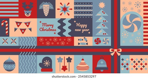 Merry Christmas and Happy New Year Minimalistic Geometric background. Modern colorful pattern with Abstract Christmas Icons. Fashionable design for posters, banners, postcards, covers, advertisements
