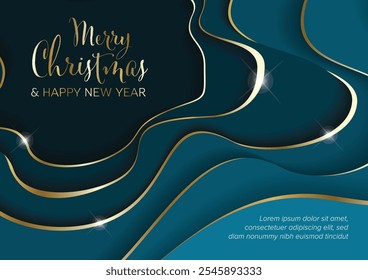 Merry Christmas and happy new year modern Christmas card layoute template with deep paper cut effect made from blue papers with golden borders