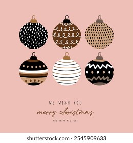 Merry Christmas and Happy New Year. Funny Hand Drawn Christmas Wishes. Cute Vector Illustration of Funny Christmas Tree Balls on a Light Pink Background. Infantile Drawing-like Xmas Card with Baubles.