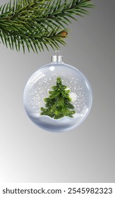 Merry Christmas. Happy New Year. Christmas tree in a glass ball on snow. Vector illustration