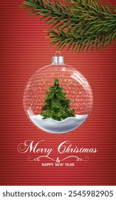 Merry Christmas. Happy New Year. Christmas tree in a glass ball on snow. Vector illustration