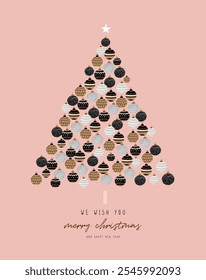 Merry Christmas and Happy New Year. Funny Hand Drawn Christmas Wishes. Cute Vector Illustration of Funny Christmas Tree Made of Baubles, on a Light Pink Background. Infantile Drawing-like Xmas Card.