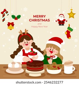 Merry Christmas and Happy New Year. Two girls are making a chocolate strawberry cake for Christmas. 