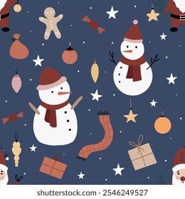 Merry Christmas. Happy New Year. Collection of vector Christmas attributes. Snowman, elf, gnome, gifts, scarf, presents, stars, gingerbread. Festive cozy seamless pattern.