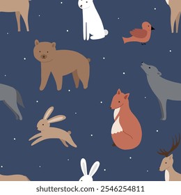 Merry Christmas. Happy New Year. Collection of vector Christmas attributes. Bear, fox, hare, wolf, rabbit, deer, bird. Festive cozy seamless pattern.